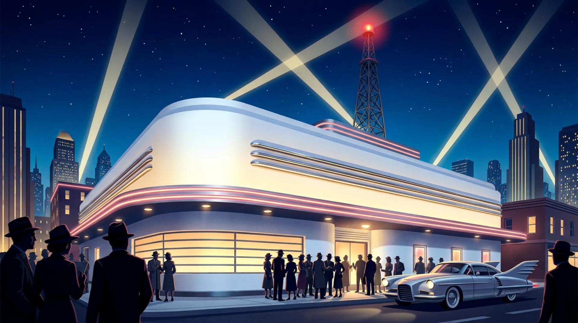 Night outside a gleaming white streamline-moderne studio building with chrome speed lines and pink neon trim. Searchlights cross the sky above a broadcast tower with a red beacon. Fans in hats crowd the stage door; a finned silver car waits at the curb.
