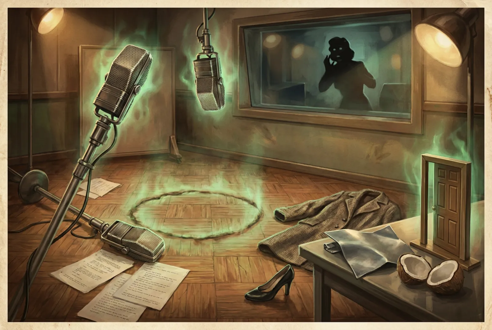 A 1950s radio studio after something strange: one ribbon microphone knocked to the floor, scattered script pages, a perfect scorched circle on the parquet glowing faintly green, a coat and one black high-heeled shoe left behind, coconut halves and a small door on a frame on the effects table, and a woman's shocked silhouette behind the control-room glass.